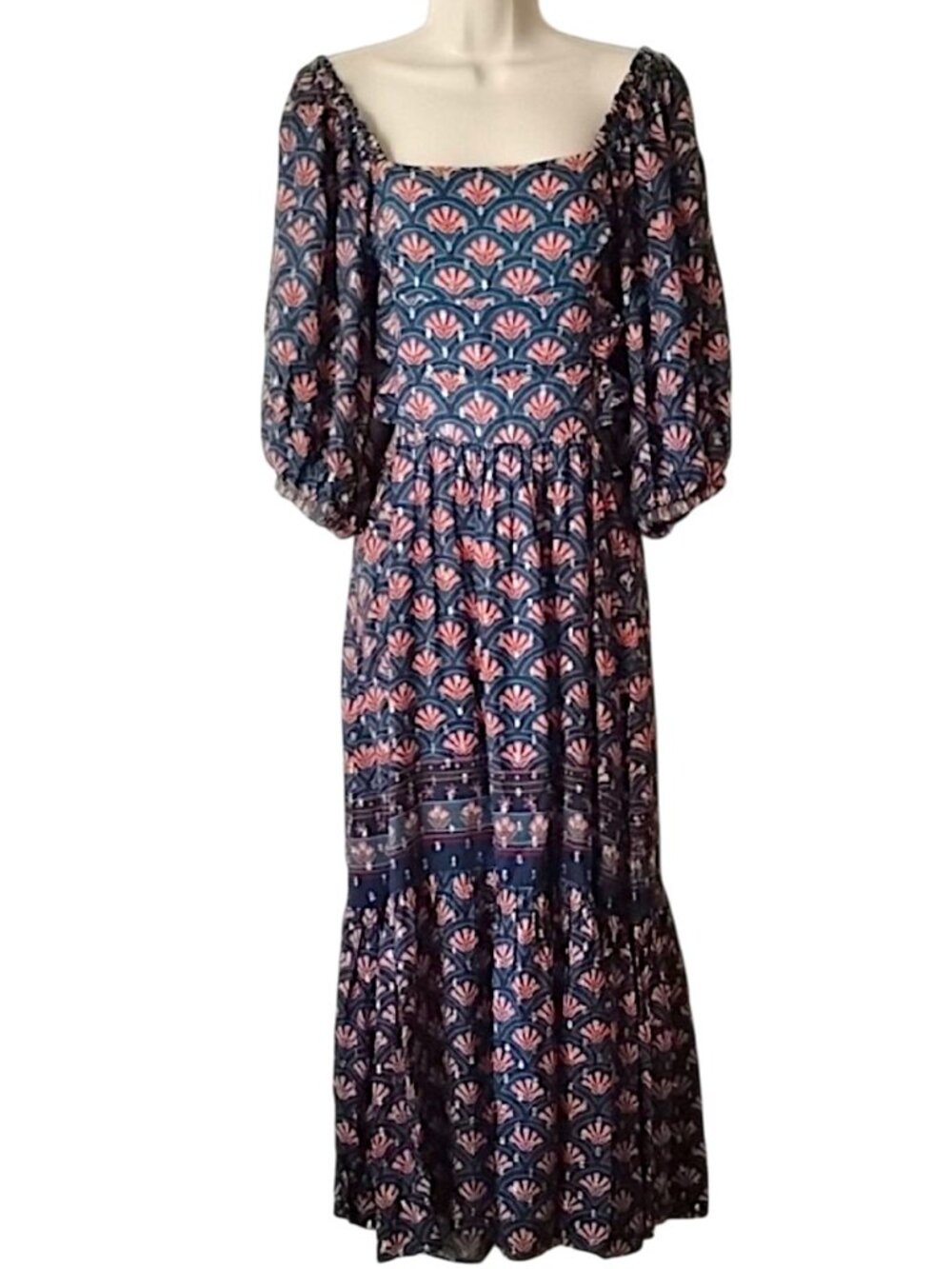 Farm Rio Brasil Smocked Back Cutout Sides Midi Dress S Blue Gold Medallion Fans